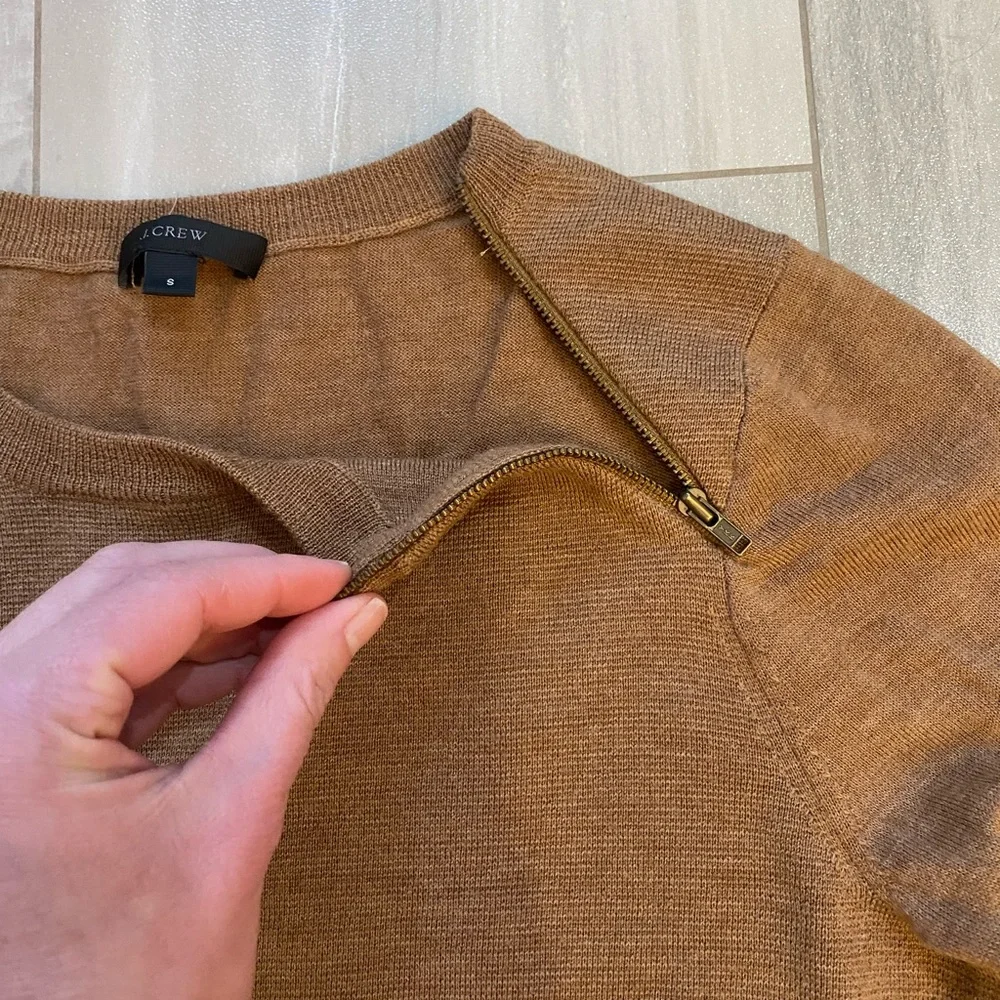 J. Crew Camel Brown Merino Wool Zipper Long Sleeve Crew Neck Sweater, small